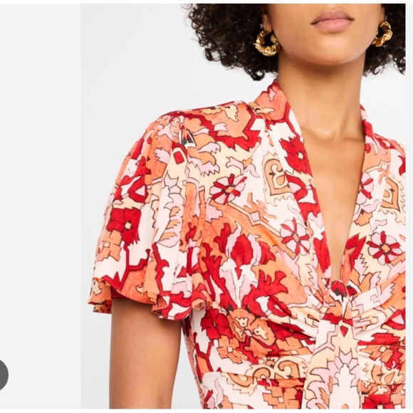 Cinq a Sept Peeta Ruched Damask Midi Dress pink poppy multi size 6 - Picture 3 of 9